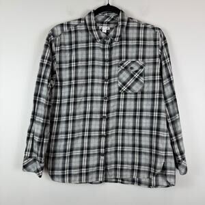 J.Jill Shirt Women's Small Petite Gray Black Plaid Long Sleeve Button-Up‎ Preppy
